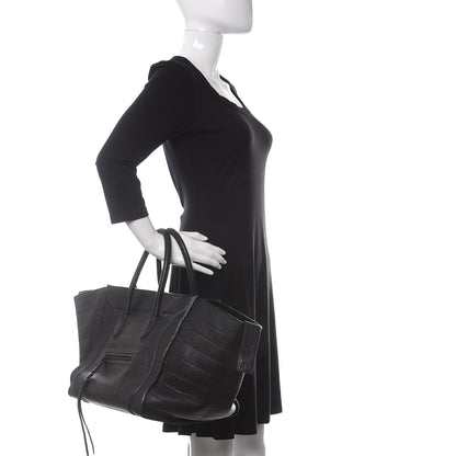 Celine Crocodile Embossed Calfskin Medium Phantom Luggage Black 2 of 9