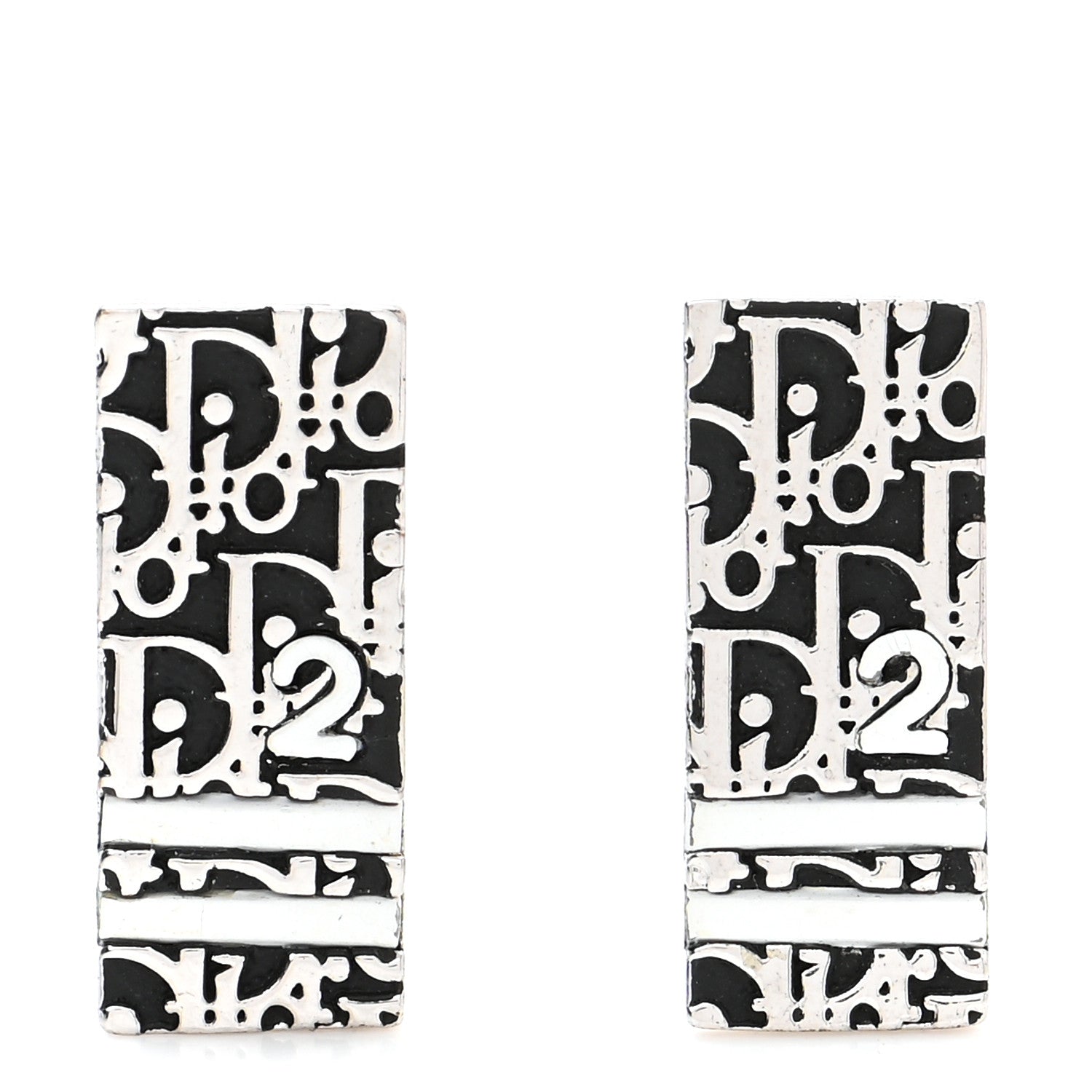 Christian Dior Metal Oblique Clip On Earrings Silver Black 1 of 6