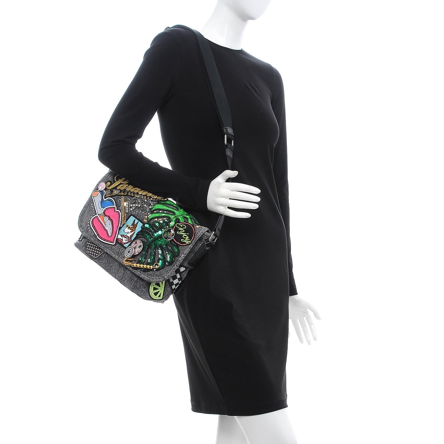Marc Jacobs Denim Patchwork Paradise Biker Courier Bag Black 2 of 18