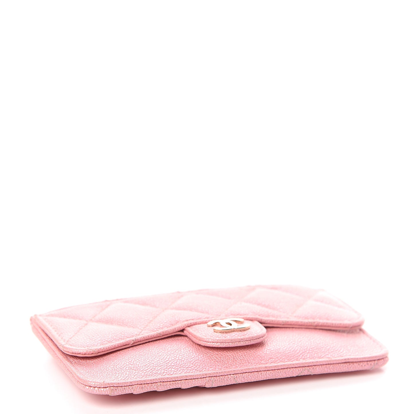 Iridescent Caviar Quilted Flap Zip Card Holder Pink