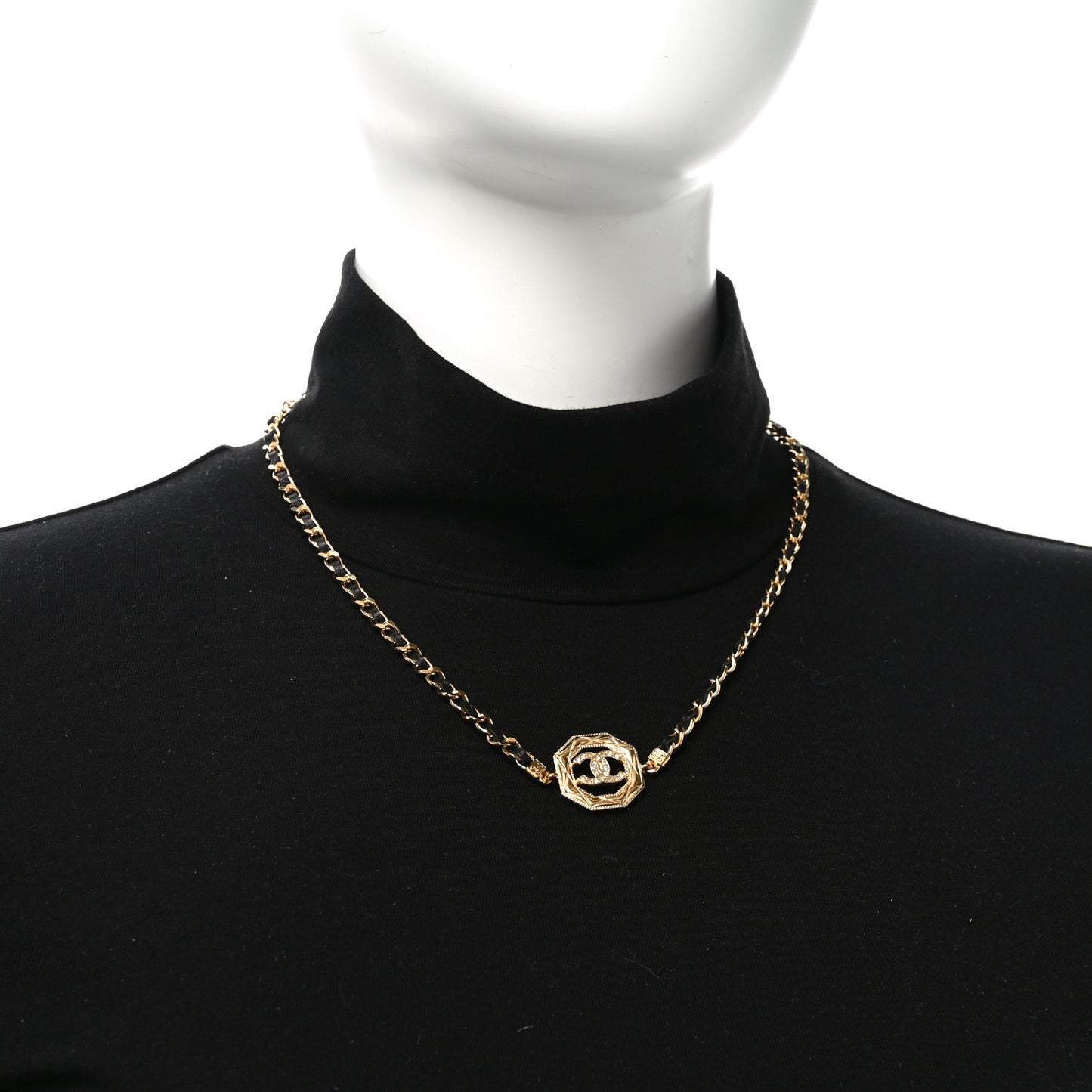 Metal Calfskin Crystal Chain CC Choker Necklace Black Gold