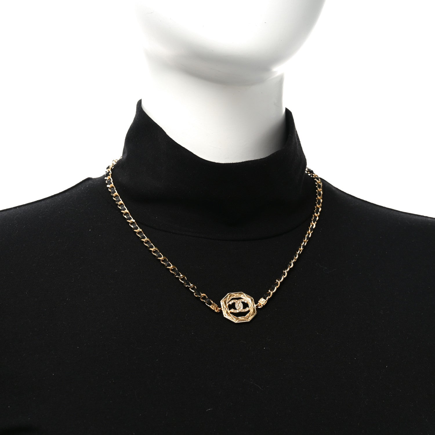 Chanel Metal Calfskin Crystal Chain CC Choker Necklace Black Gold 2 of 6