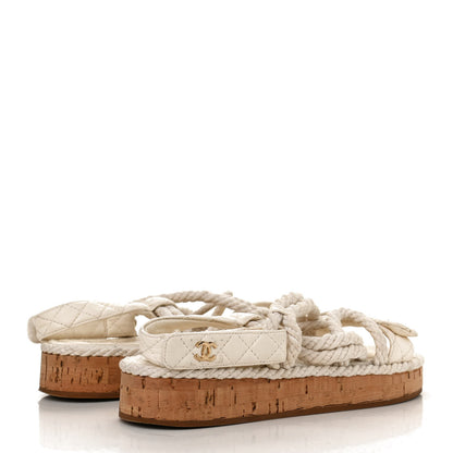 Chanel Cord Lambskin Quilted Logo Sandals 38 White 4 of 10