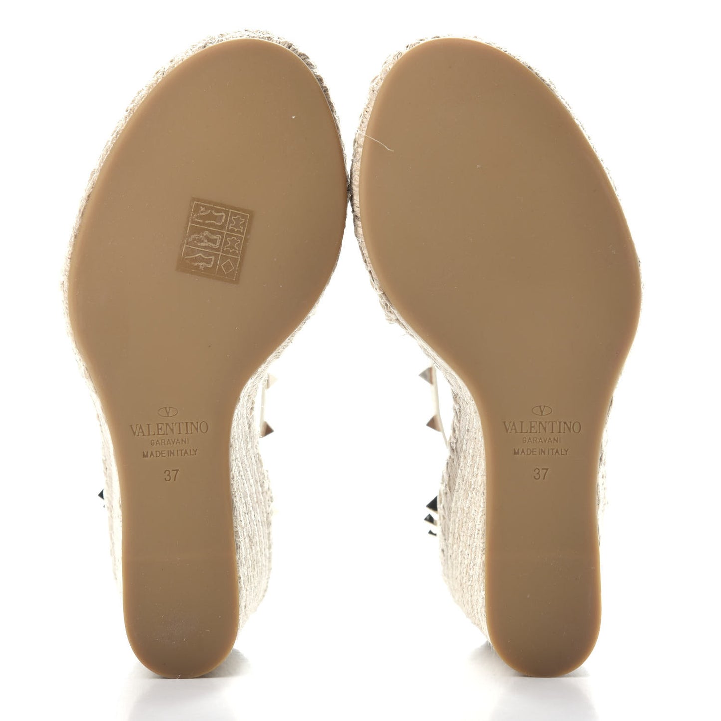 Grained Calfskin Rockstud Ankle Strap Espadrille 15/105mm Wedge Sandals 37 Light Ivory Natural