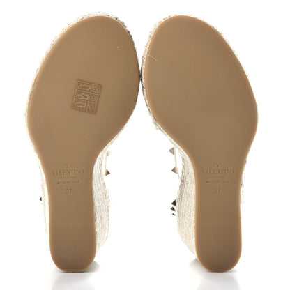 Valentino Garavani Grained Calfskin Rockstud Ankle Strap Espadrille 15/105mm Wedge Sandals 37 Light Ivory Natural 5 of 11