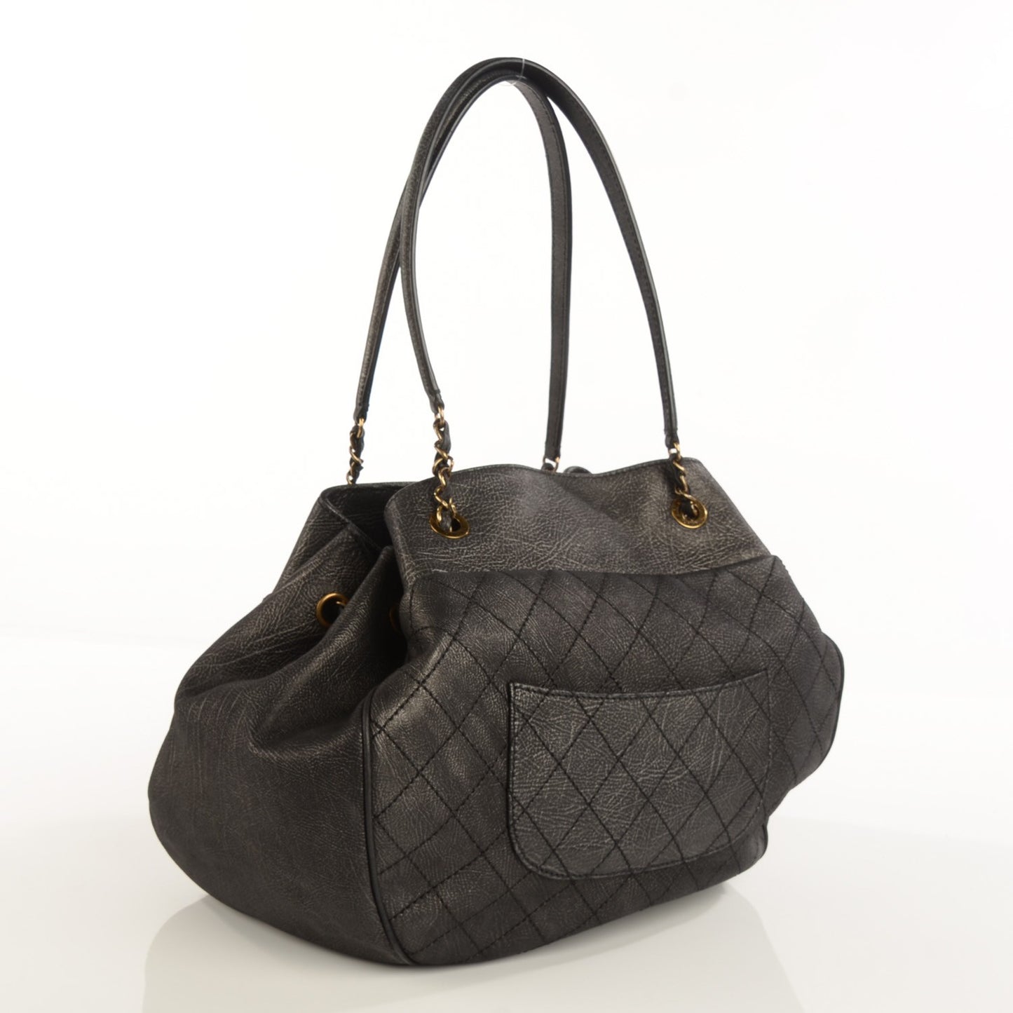 Iridescent Grained Calfskin Stitched Accordion Tote Dark Grey