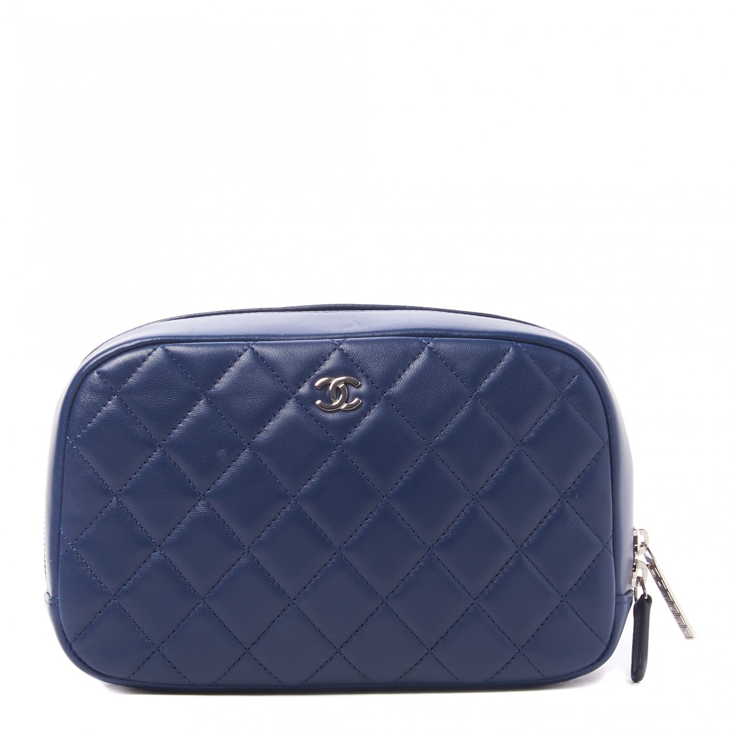 Lambskin Quilted Medium Curvy Pouch Cosmetic Case Blue