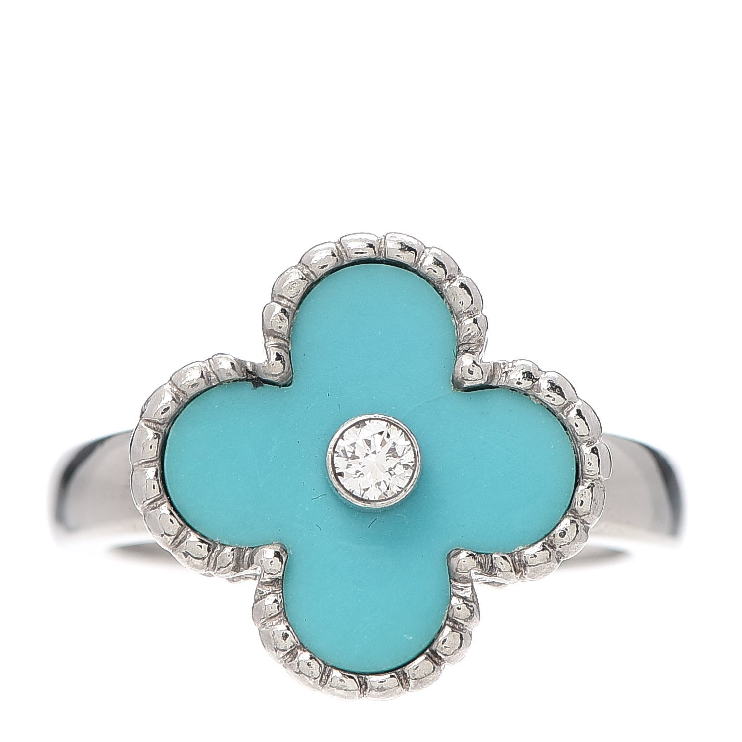 Van Cleef & Arpels 18K White Gold Diamond Turquoise Vintage Alhambra Ring 52 6 1 of 7