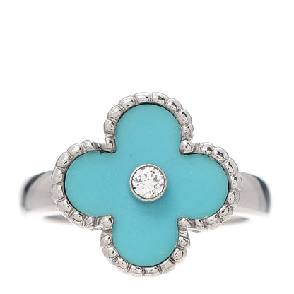 Van Cleef & Arpels 18K White Gold Diamond Turquoise Vintage Alhambra Ring 52 6 1 of 7