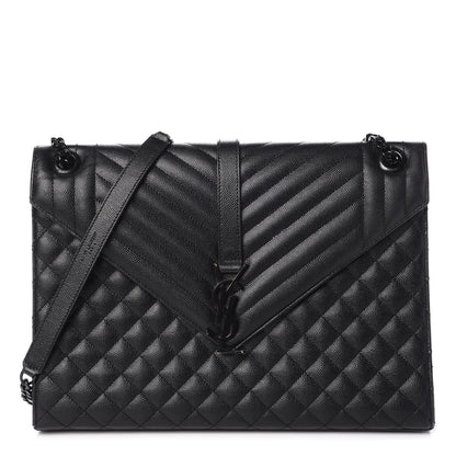 Saint Laurent Grain De Poudre Textured Mixed Matelasse Large Triquilt Monogram Monochrome Satchel Black 1 of 11