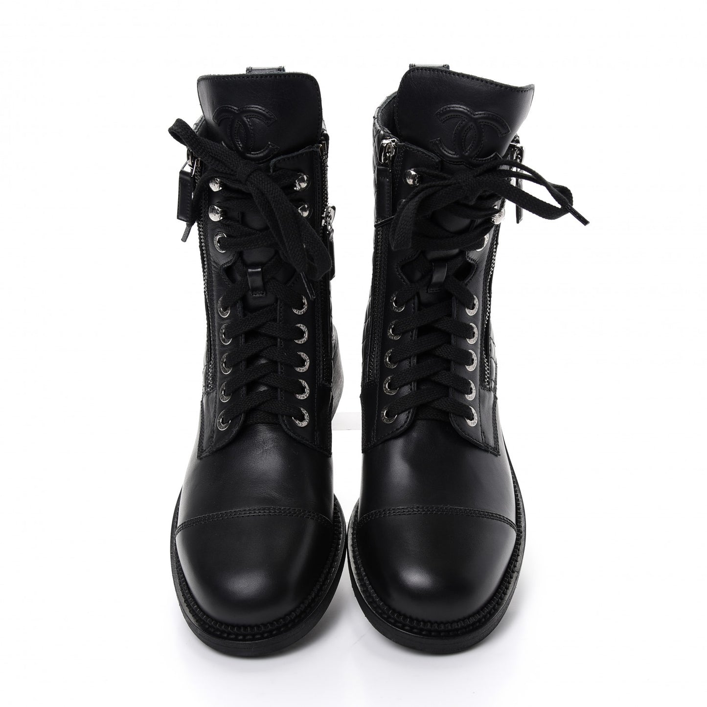Calfskin Quilted Lace Up Combat Boots 40.5 Black