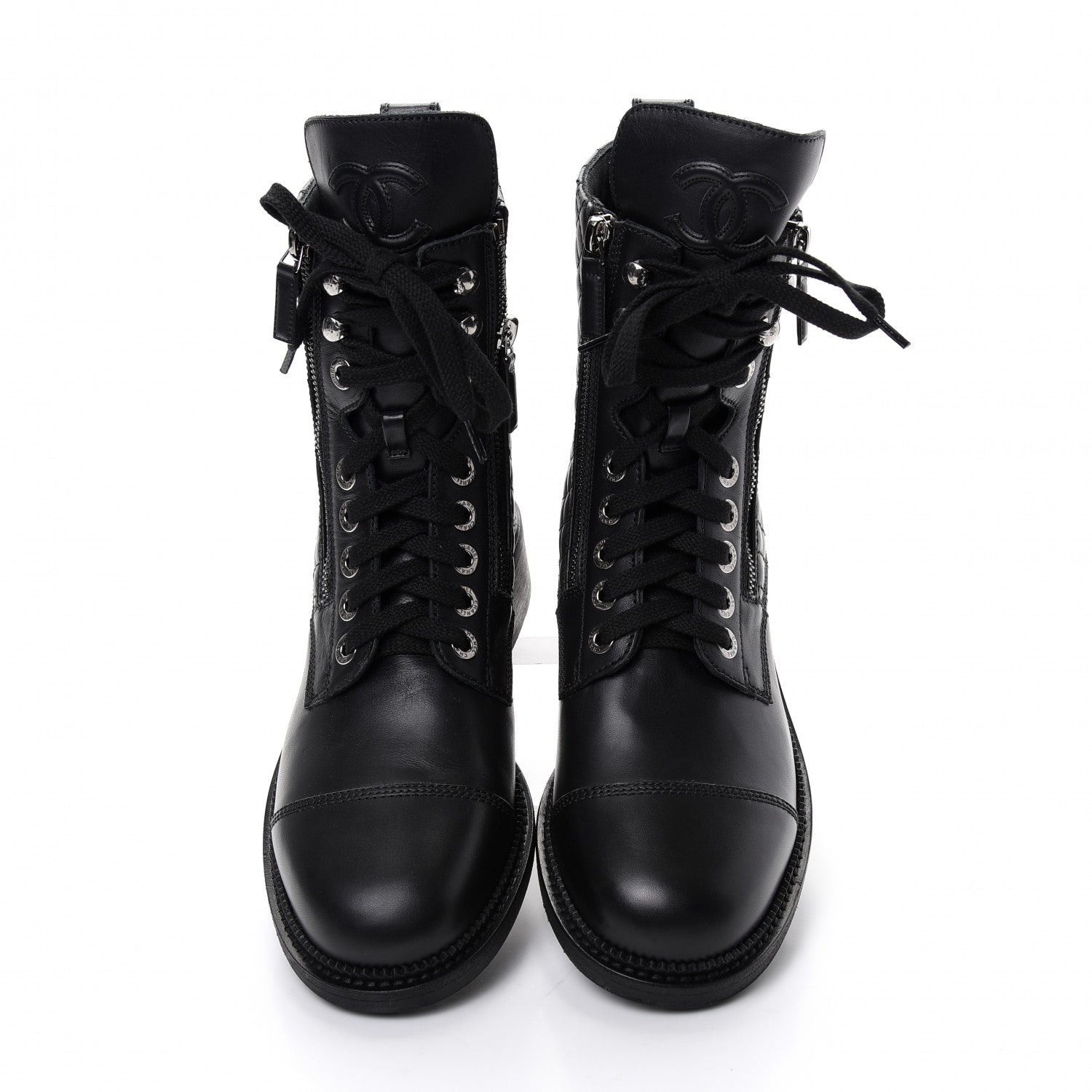 Chanel Calfskin Quilted Lace Up Combat Boots 40.5 Black 6 of 11