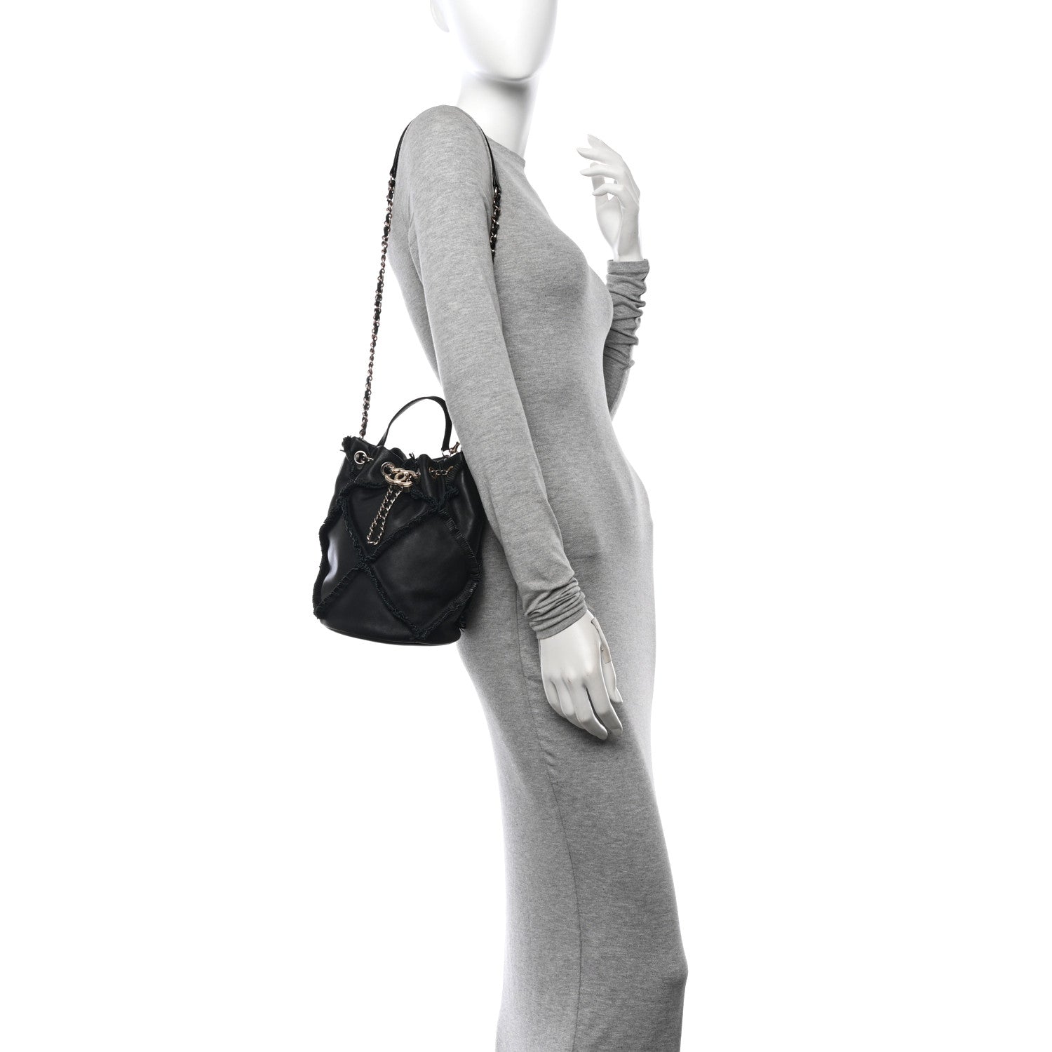 Chanel Lambskin Quilted Fringe CC Chain Bucket Drawstring Bag Black 2 of 11