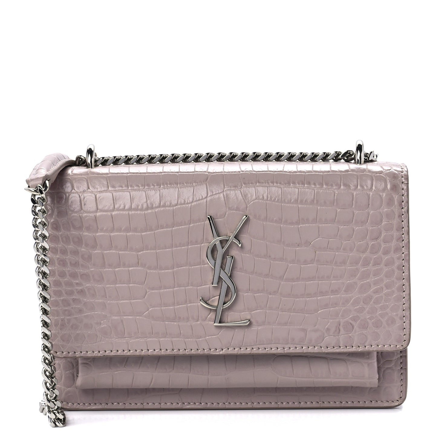Calfskin Crocodile Embossed Monogram Sunset Chain Wallet Marble Pink