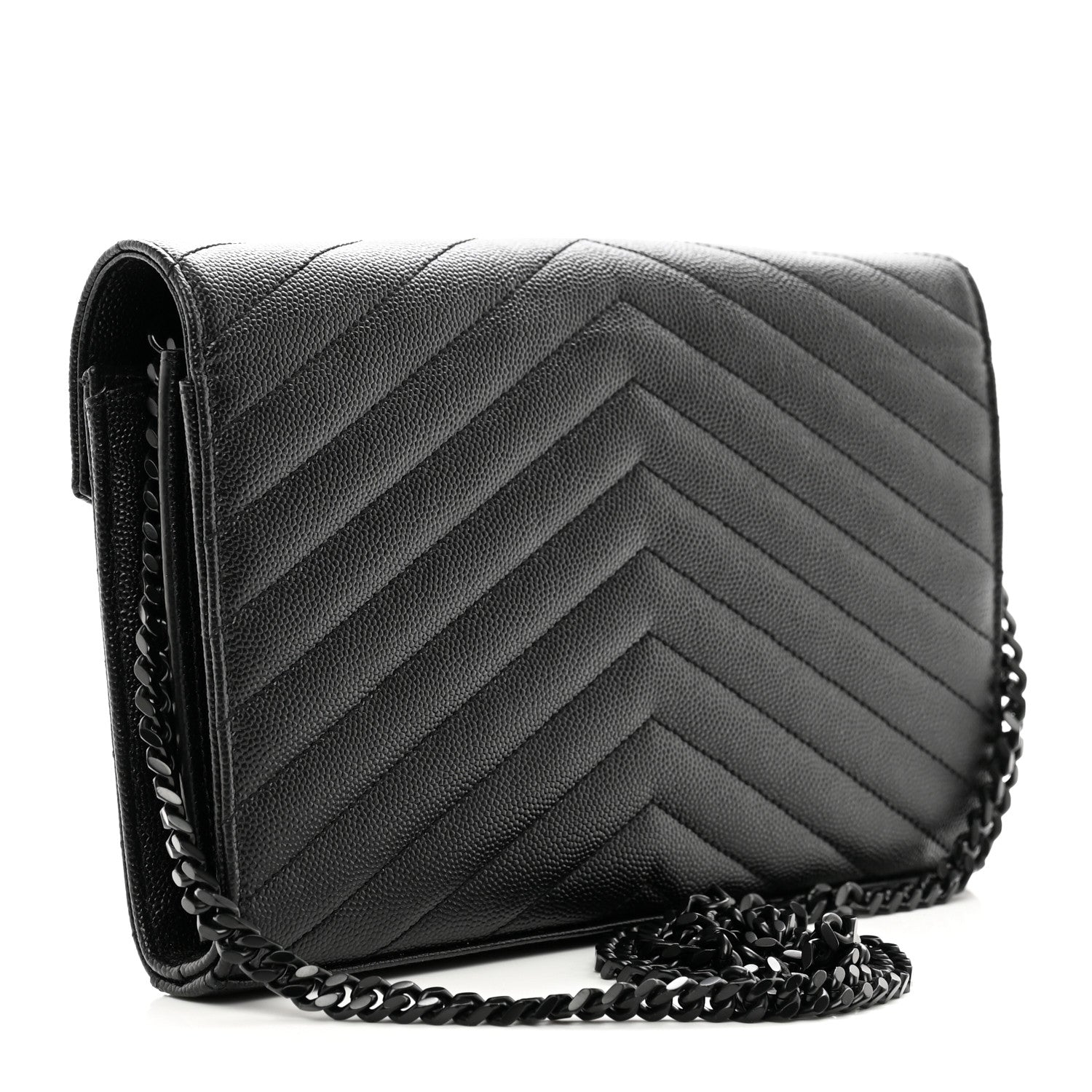 Saint Laurent Grain De Poudre Matelasse Chevron Monogram Monochrome Chain Wallet Black 3 of 9