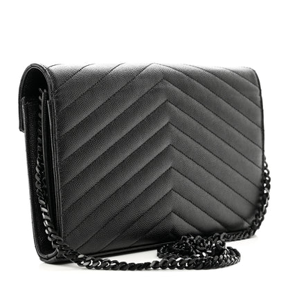 Saint Laurent Grain De Poudre Matelasse Chevron Monogram Monochrome Chain Wallet Black 3 of 9