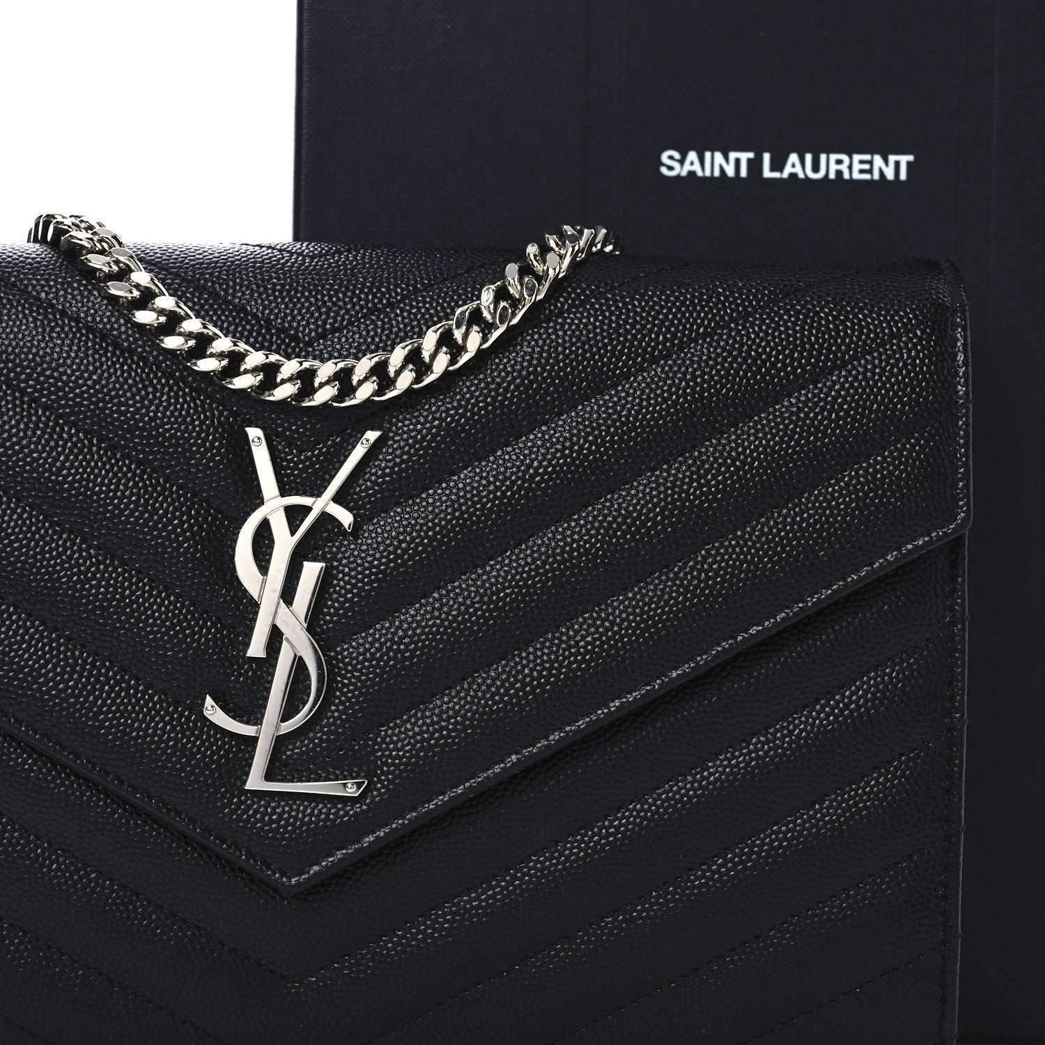 Saint Laurent Grain De Poudre Matelasse Chevron Monogram Chain Wallet Black 8 of 12