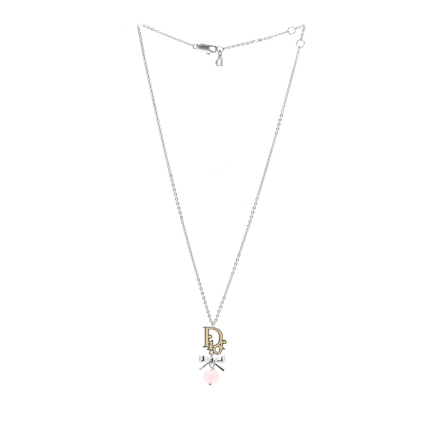 Enamel Bead Logo Bow Necklace Silver Pink