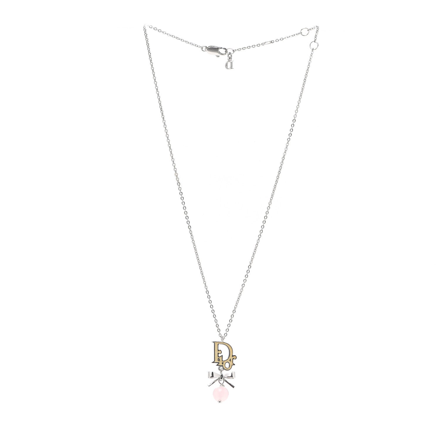 Christian Dior Enamel Bead Logo Bow Necklace Silver Pink 2 of 4