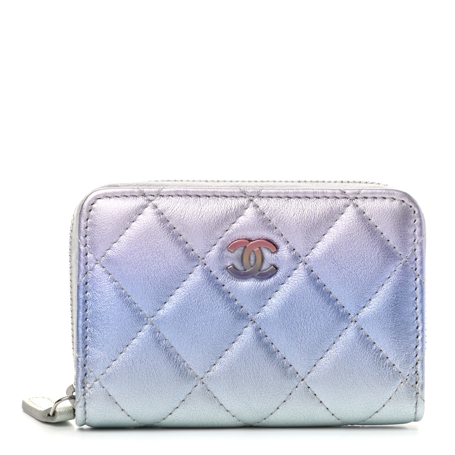 Chanel Gradient Metallic Calfskin Quilted Zip Around Coin Purse Wallet Silver Blue Yellow Purple 1 of 7