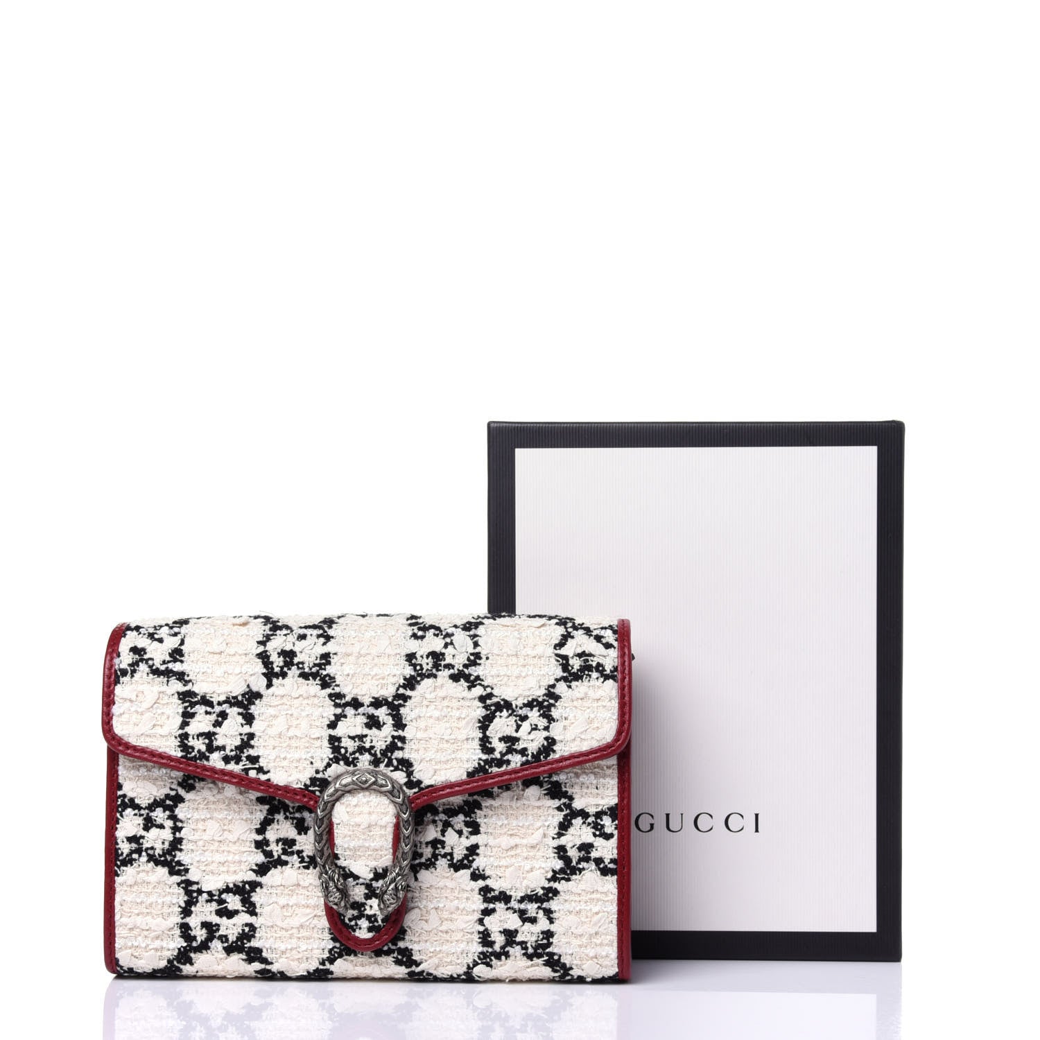 Gucci Tweed GG Monogram Mini Dionysus Chain Wallet White Black Romantic Cherry 12 of 12