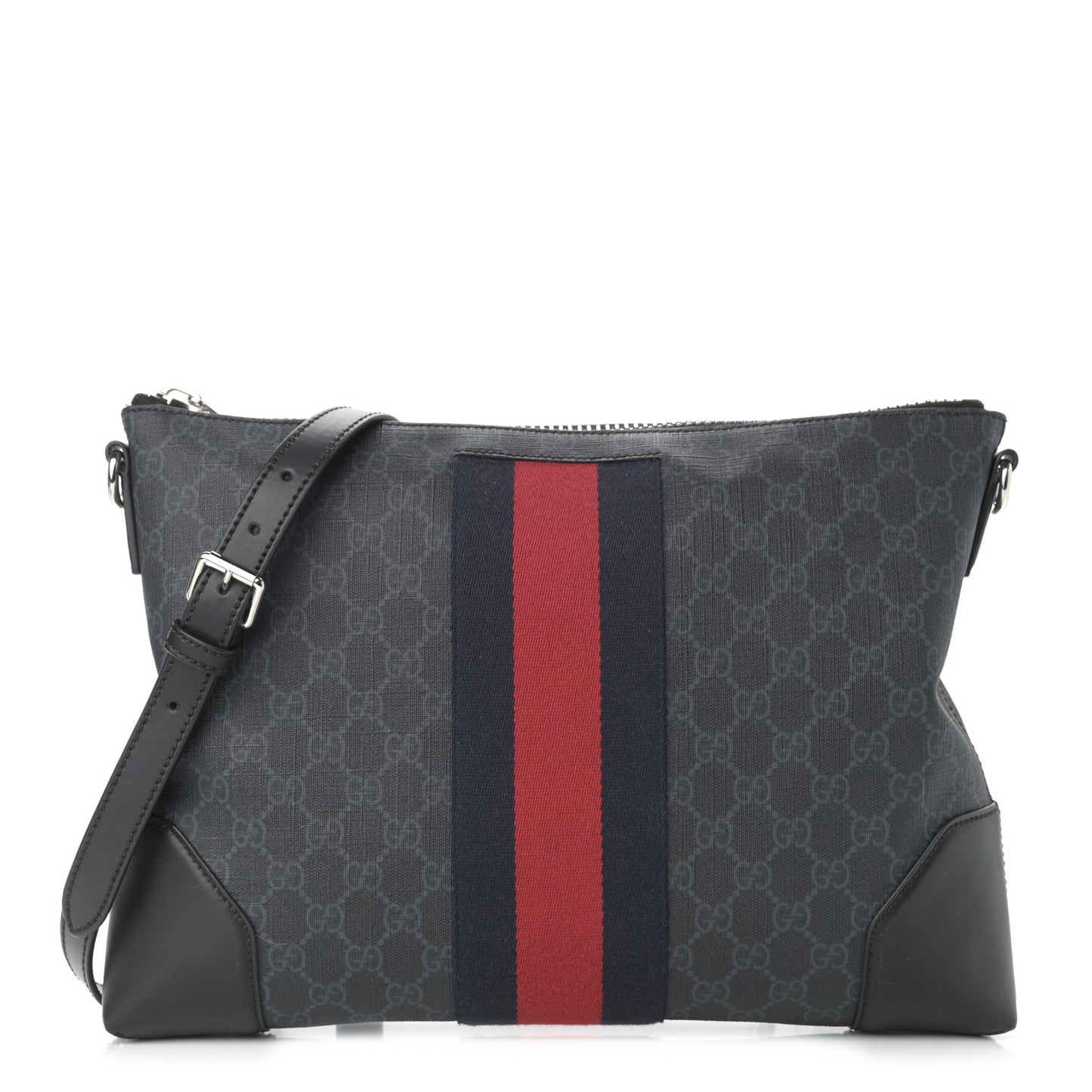 Soft GG Supreme Monogram Appia Calfskin Web East West Messenger Bag Black Grey