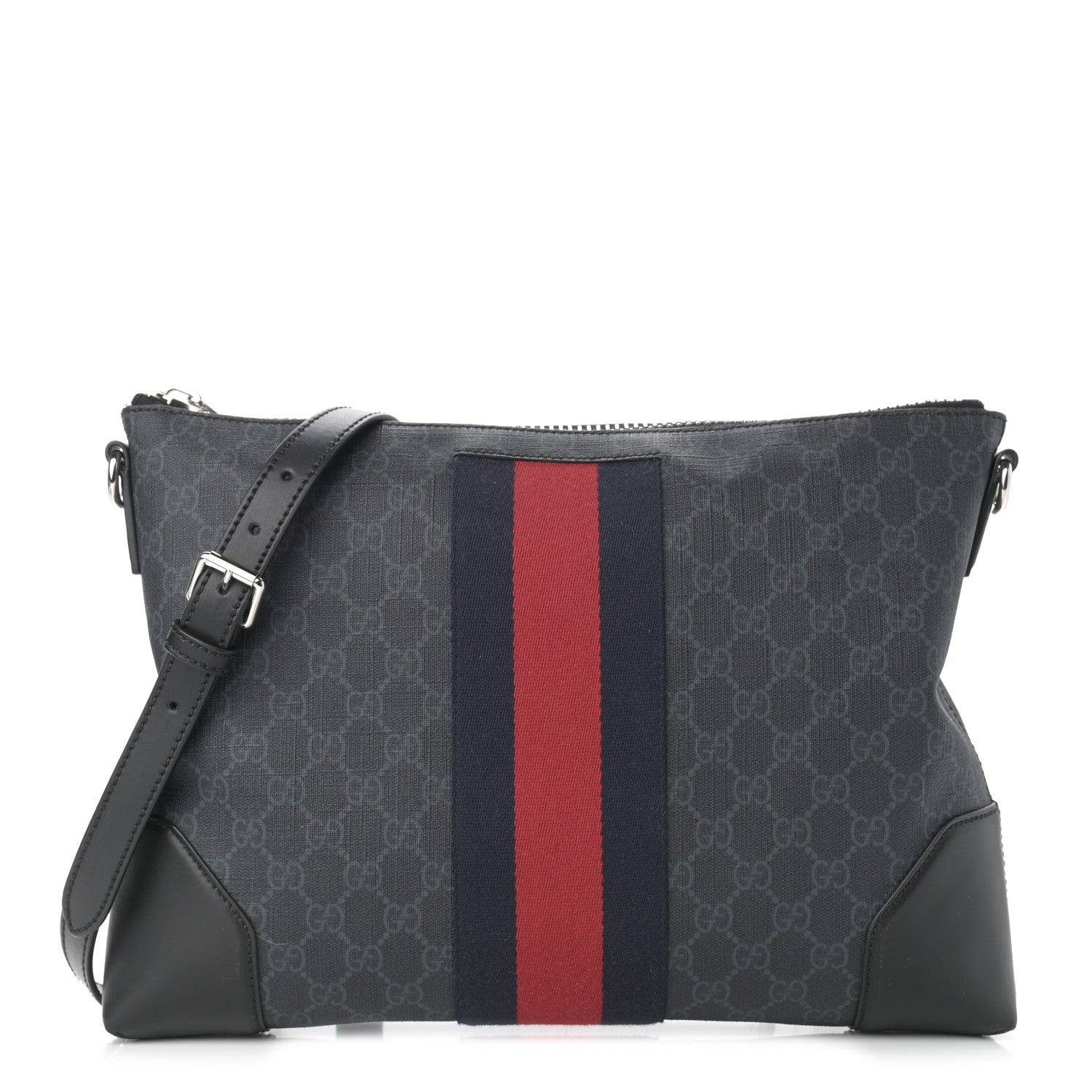 Gucci Soft GG Supreme Monogram Appia Calfskin Web East West Messenger Bag Black Grey 1 of 8