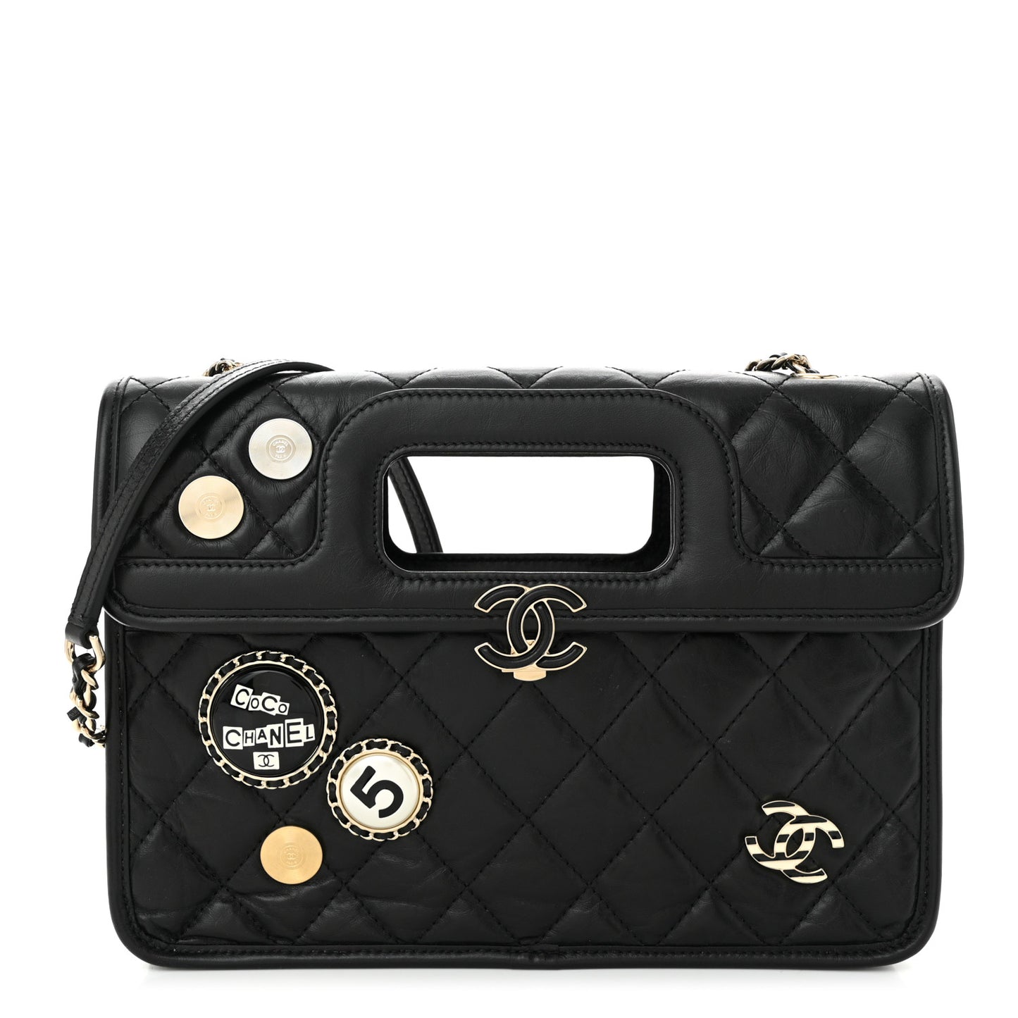 Aged Calfskin Charms Flap Bag Black