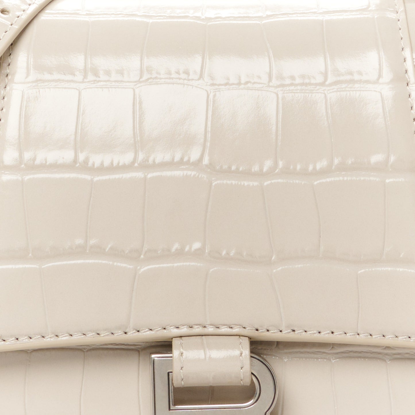 Shiny Calfskin Crocodile Embossed Small Hourglass Top Handle Bag Cold Beige