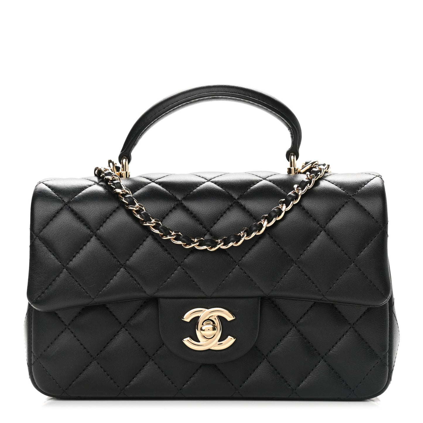 Lambskin Quilted Mini Top Handle Rectangular Flap Black