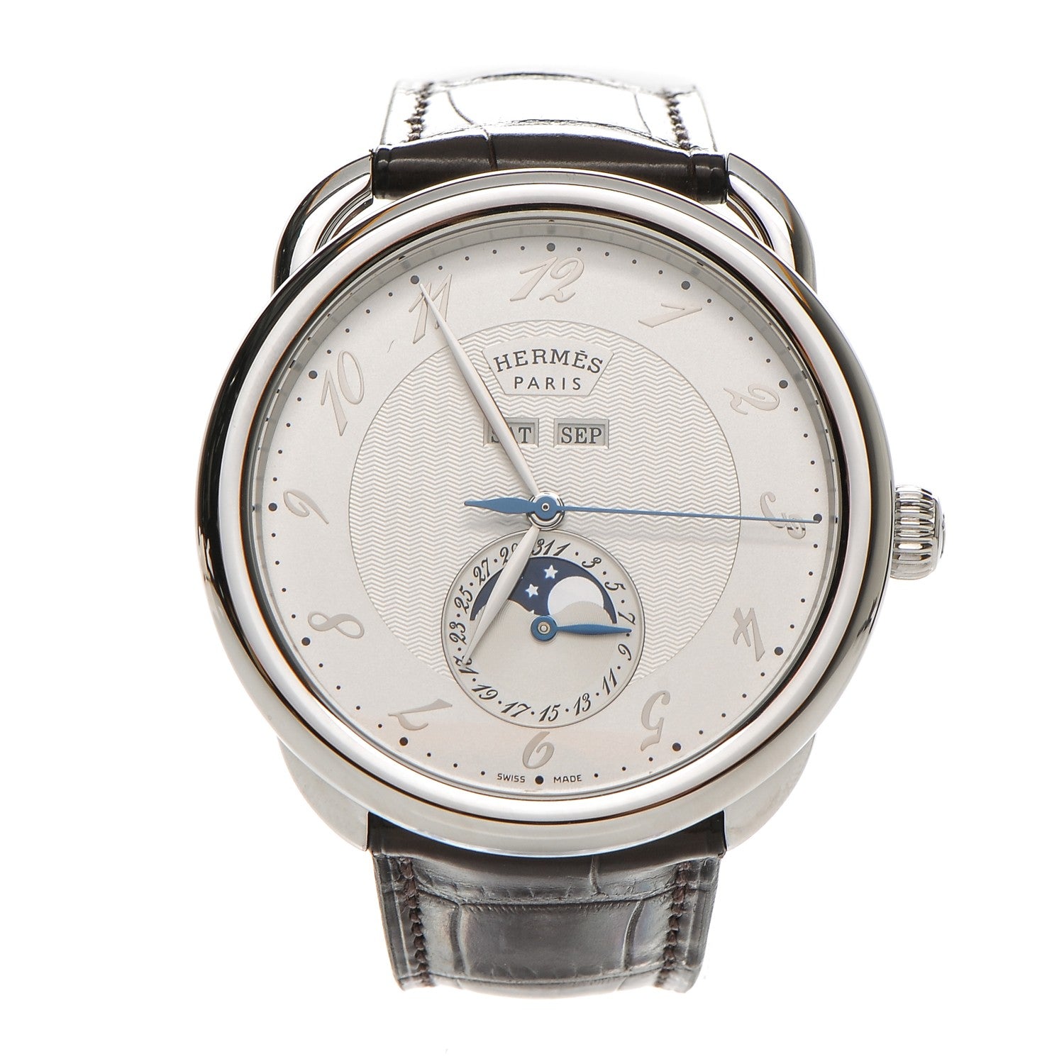 Hermes Stainless Steel Alligator 43mm Arceau Grande Lune Automatic Watch Havane 1 of 7