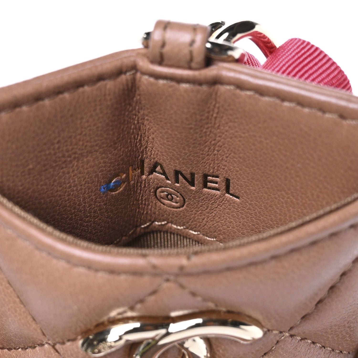 Chanel Shiny Lambskin Ribbon Quilted Card Holder On Chain Brown 6 of 7