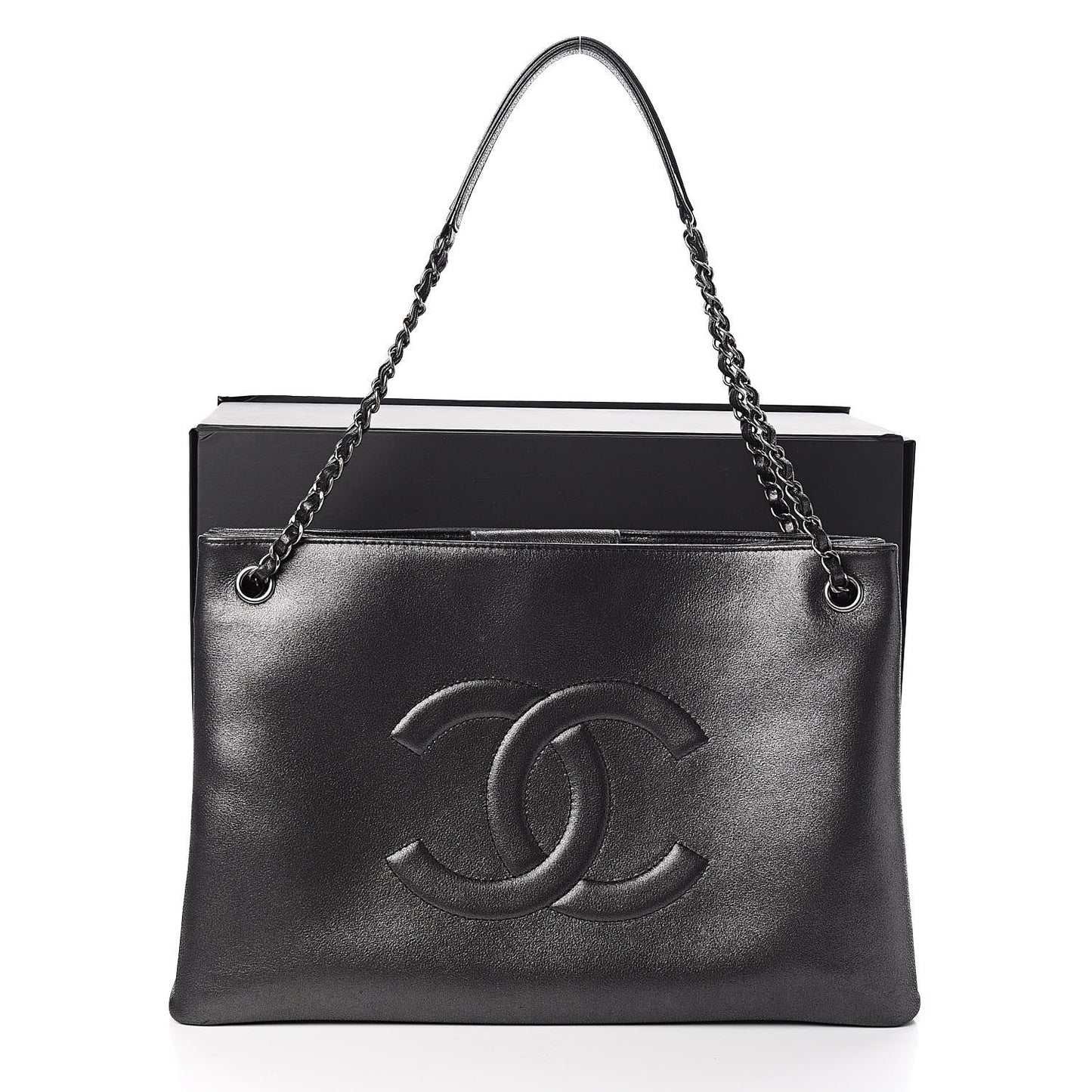 Iridescent Calfskin CC East West Shopping Tote Grey