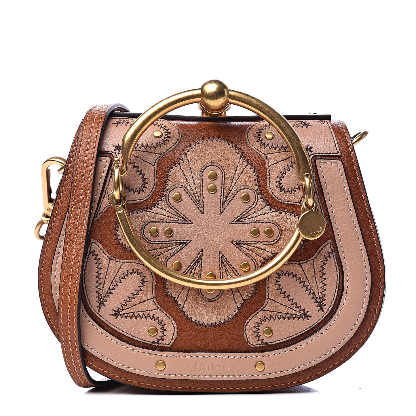 Calfskin Suede Floral Patchwork Small Nile Bracelet Bag Caramel