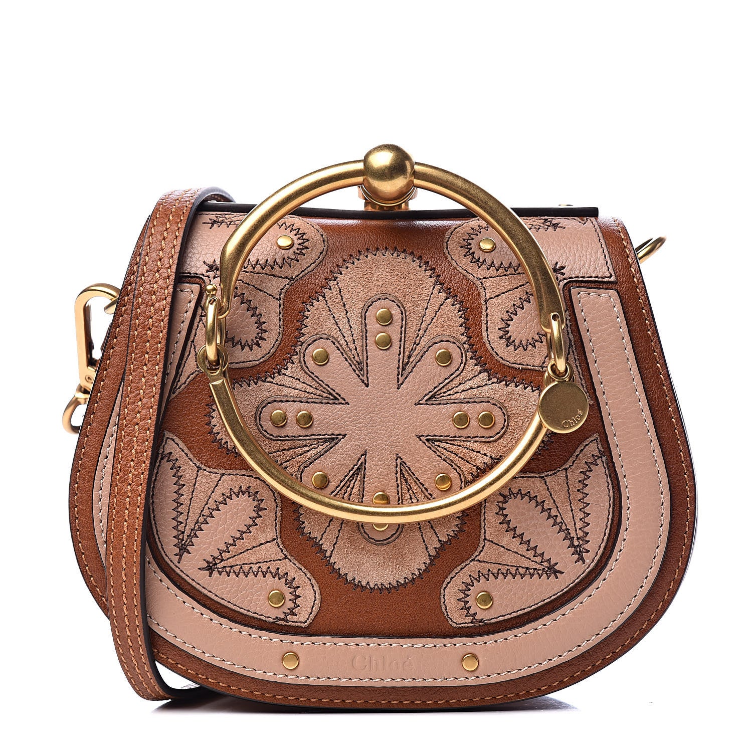 Chloe Calfskin Suede Floral Patchwork Small Nile Bracelet Bag Caramel 1 of 11