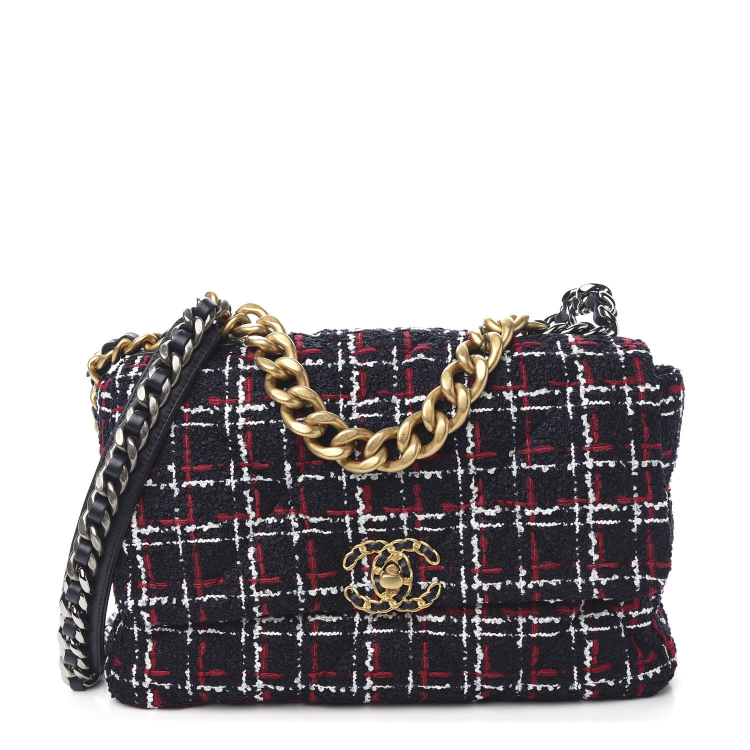 Chanel Tweed Quilted Large 19 Flap Navy Blue White Red 1 of 9