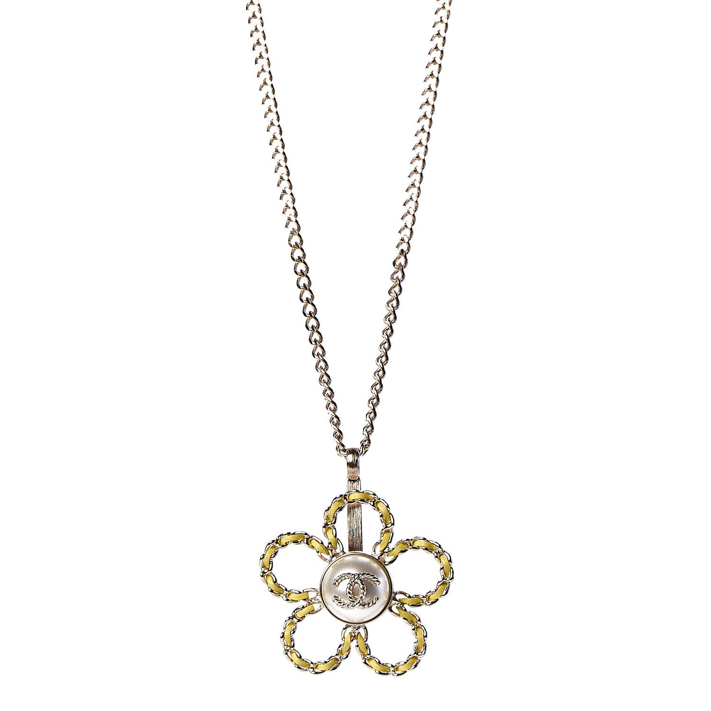 Pearl Lambskin Chain CC Flower Pendant Necklace Gold Yellow