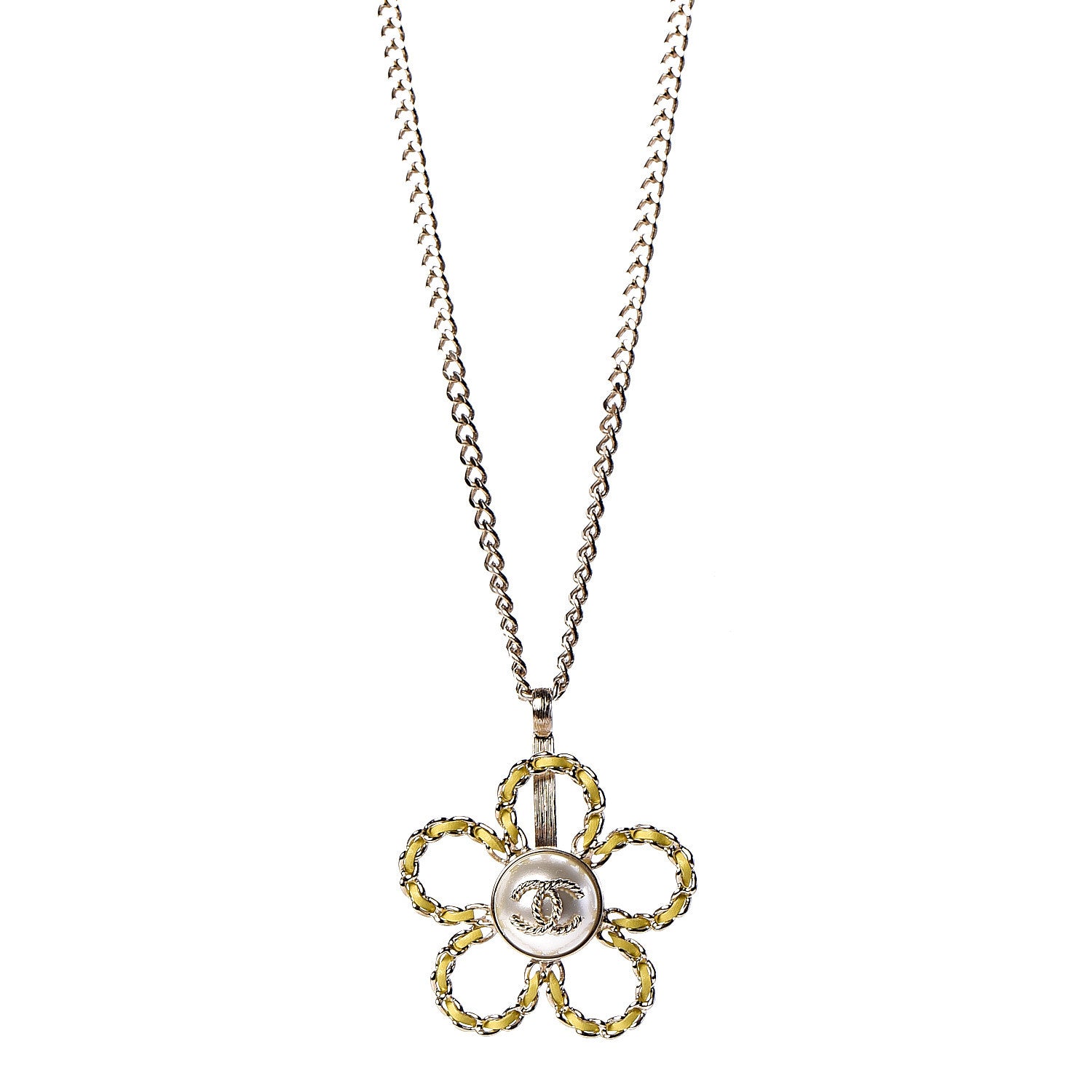 Chanel Pearl Lambskin Chain CC Flower Pendant Necklace Gold Yellow 1 of 7