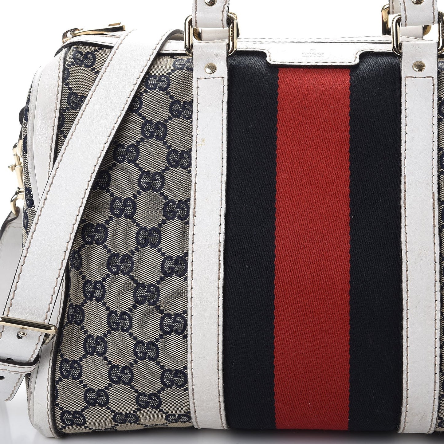 Monogram Selleria Calfskin Vintage Web Medium Boston Beige Blue Mystic White