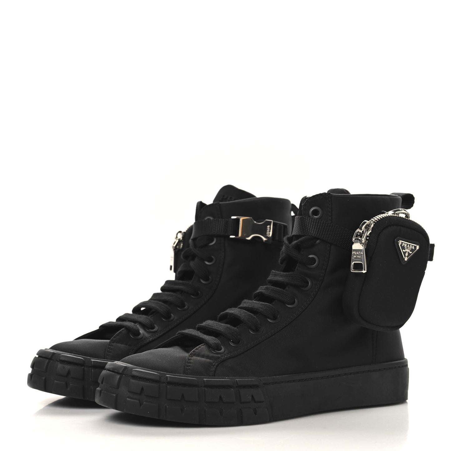 Re-Nylon Gabardine Metal Triangle Logo Womens Wheel Pouch Pocket High Top Sneakers 40.5 Black