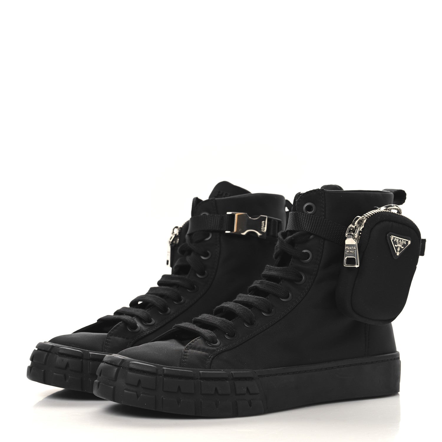 Prada Re-Nylon Gabardine Metal Triangle Logo Womens Wheel Pouch Pocket High Top Sneakers 40.5 Black 4 of 9