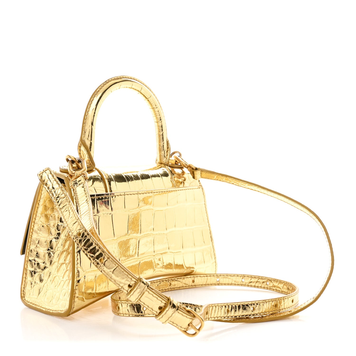 Balenciaga Metallic Calfskin Crocodile Embossed Hourglass Top Handle Bag XS Gold 3 of 13