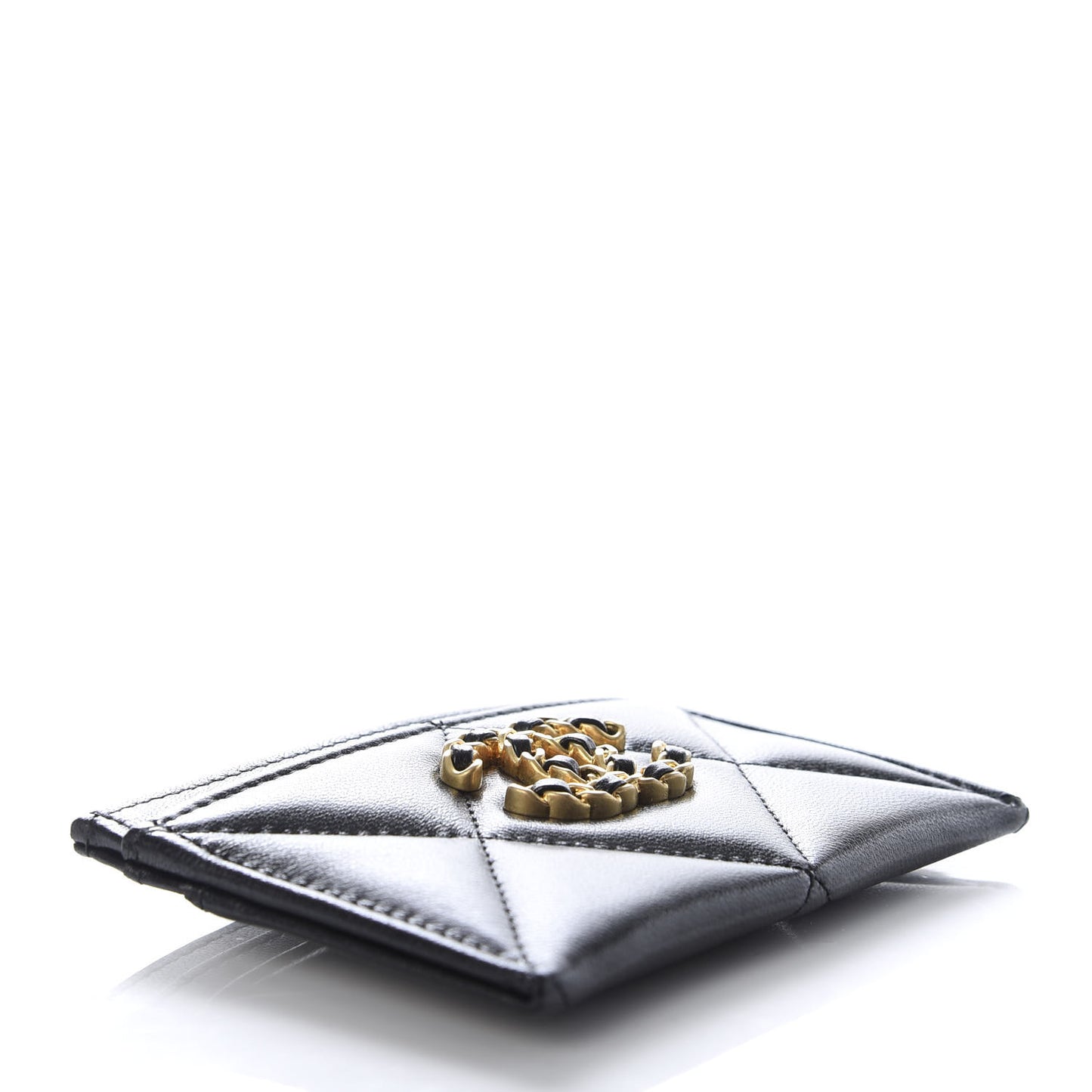 Shiny Goatskin Quilted Chanel 19 Card Holder Black