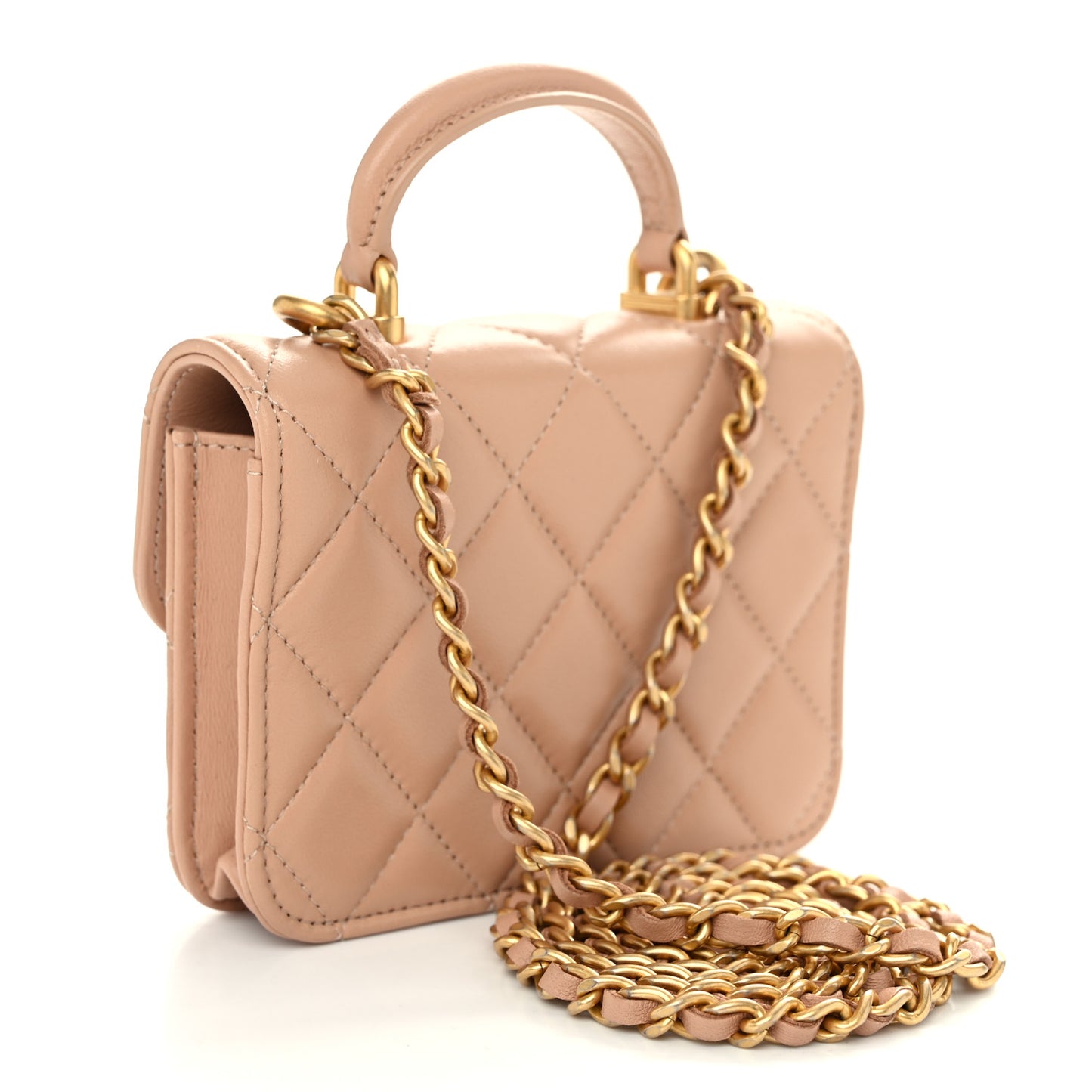 Lambskin Quilted Top Handle Flap Coin Purse With Chain Beige