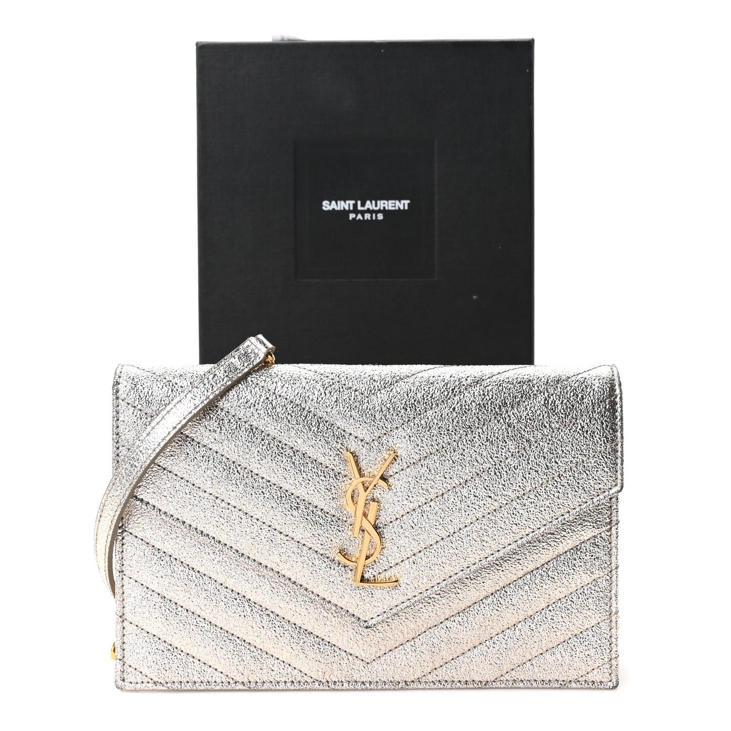 Metallic Crackled Calfskin Matelasse Chevron Monogram Envelope Chain Wallet Gold