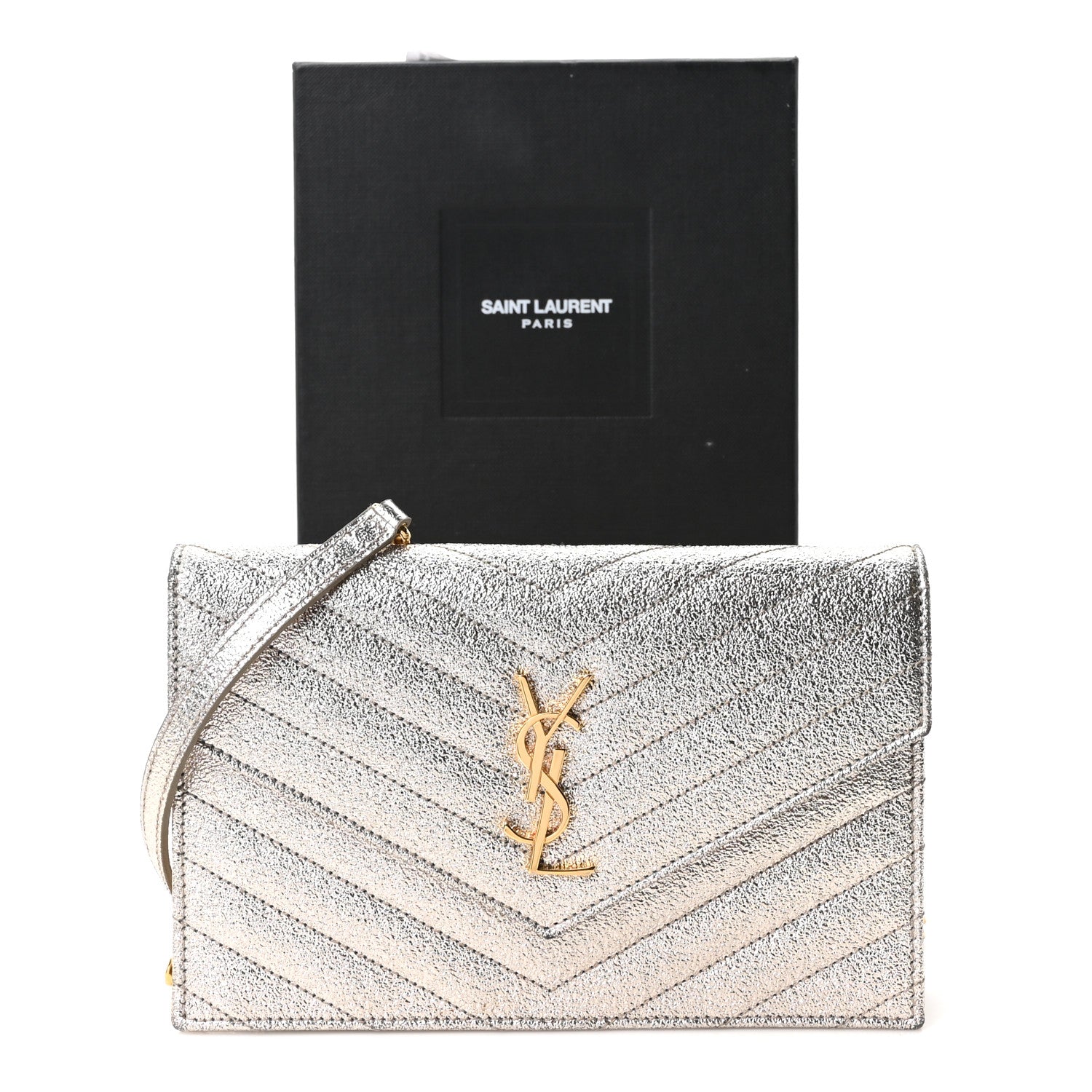 Saint Laurent Metallic Crackled Calfskin Matelasse Chevron Monogram Envelope Chain Wallet Gold 11 of 11