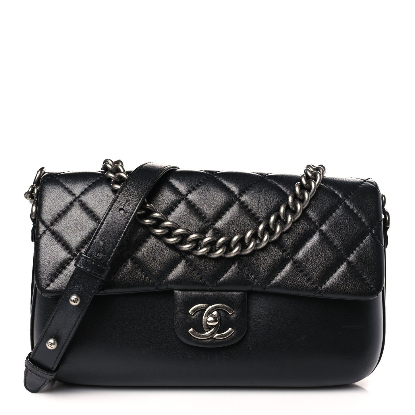 Calfskin Quilted Large Rock My Shoulder Flap Black