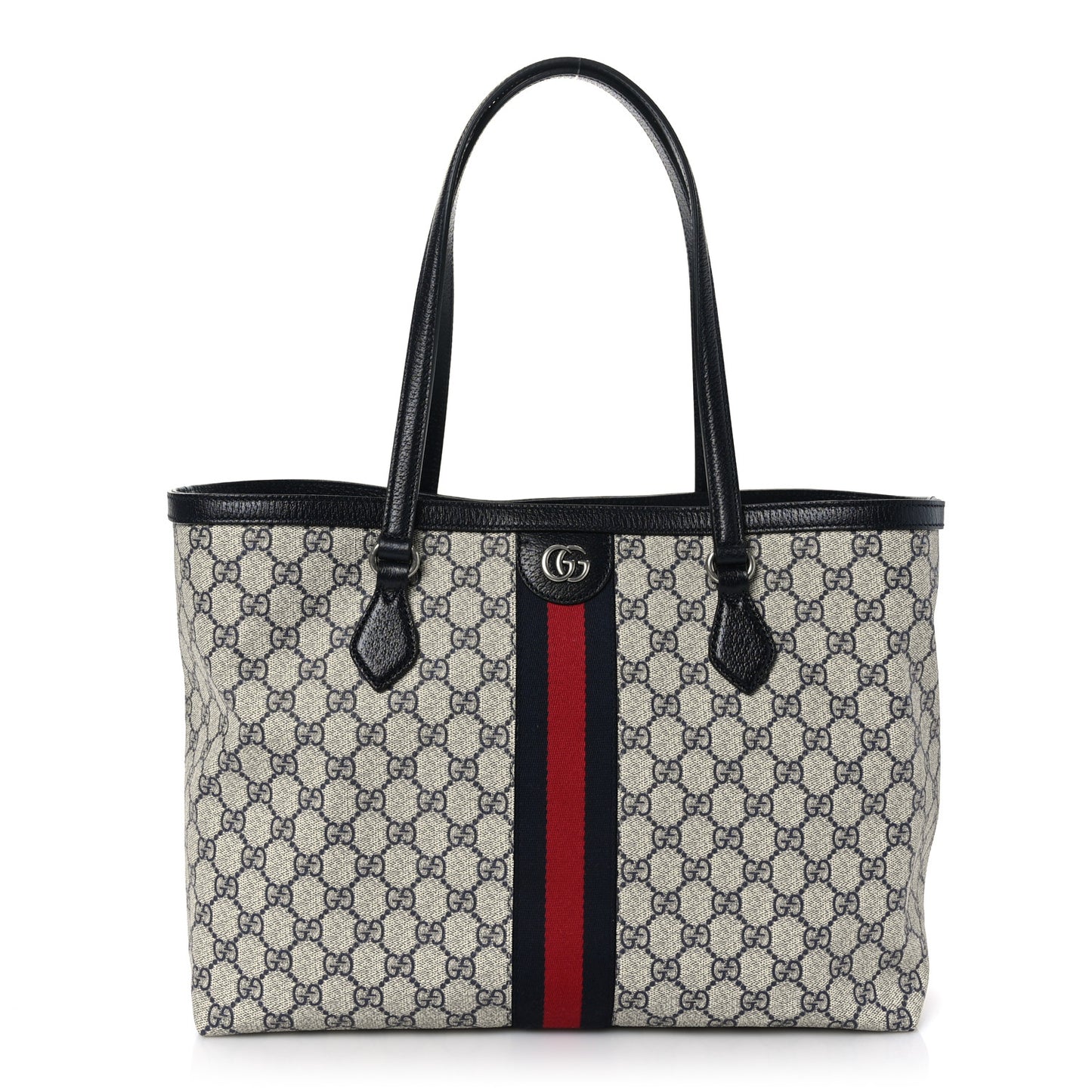 GG Supreme Monogram Textured Calfskin Web Medium Ophidia Shopping Tote Beige Blue