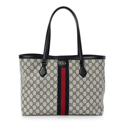 Gucci GG Supreme Monogram Textured Calfskin Web Medium Ophidia Shopping Tote Beige Blue 1 of 9