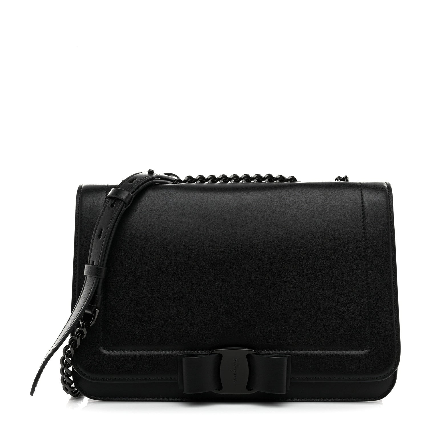 Salvatore Ferragamo Smooth Calfskin Vara Bow Chain Flap Crossbody Black 1 of 9